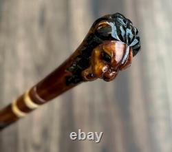 Lion Head Walking Stick Hand Carvin Cane Wooden Handmade Cane Hiking Carved