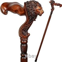 Lion Head Wood Carved Walking Stick Ergonomic Palm Grip Handle 36 Wooden Walkin