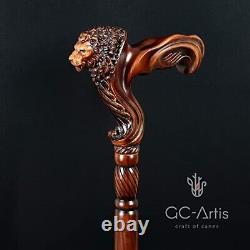 Lion Head Wood Carved Walking Stick Ergonomic Palm Grip Handle 36 Wooden Walkin