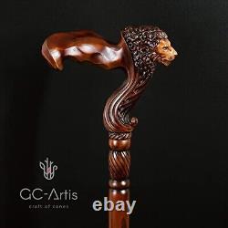 Lion Head Wood Carved Walking Stick Ergonomic Palm Grip Handle 36 Wooden Walkin