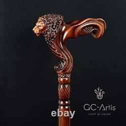 Lion Head Wood Carved Walking Stick Ergonomic Palm Grip Handle 36 Wooden Walkin