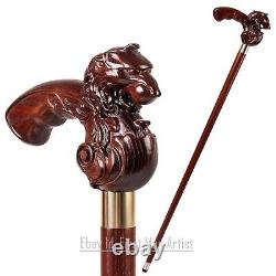 Lion Head Wooden Hand Carved Walking Stick For Men Design Cane Style Best Gift