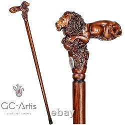 Lion King Wooden Walking Cane Stick gift for him her men women hand carved