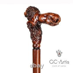 Lion King Wooden Walking Cane Stick gift for him her men women hand carved