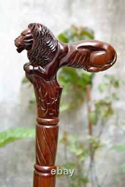 Lion Wooden Carved Walking Stick Cane Elegant Hand Carved Wooden Cane