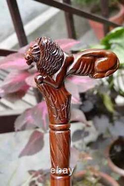 Lion Wooden Carved Walking Stick Cane Elegant Hand Carved Wooden Cane