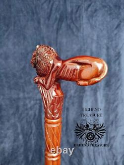 Lion Wooden Carved Walking Stick Cane handmade wood crafted comfortable handle h