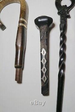 Lot 5 antique hand carved wood sterling silver parasol handle cane walking stick