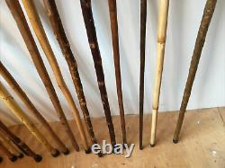 Lot of 16 Walking Beating Sticks Canes Crooks Wooden Carved Handles Handmade