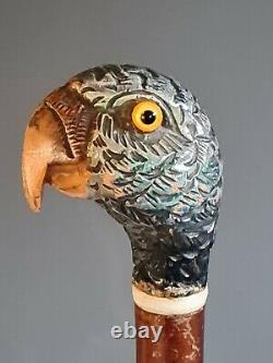 Lovely Antique Hand Carved and Painted Parrot Head Walking Cane
