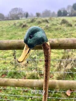 Mallard Duck Head, Hand Carved Country Walking stick on Hazel Shank