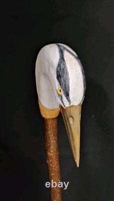 Market Stick with Hand Carved Heron, Hazel Shaft, fitted with brass ferrule