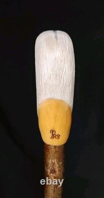 Market Stick with Hand Carved Heron, Hazel Shaft, fitted with brass ferrule