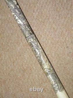 Meiji Era Japanese Walking Stick/Cane With Hand-Carved Samurai & Black Kite 89cm