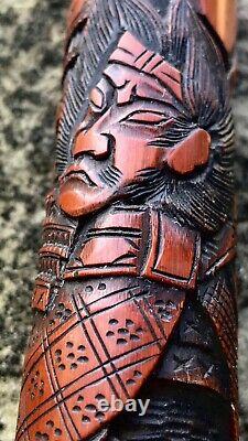 Meiji Period Late 19th/ Early 20th Century Carved Japanese Samurai Walking Stick