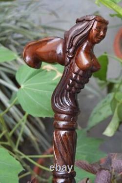 Mermaid Wooden Carved Walking Stick Cane handmade wood craft comfortable handle