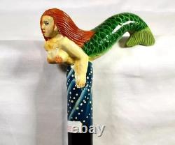 Mermaid Wooden Hand Painted Carved Walking Stick Cane