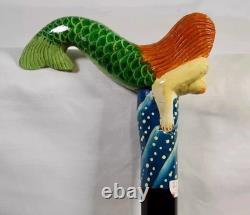 Mermaid Wooden Hand Painted Carved Walking Stick Cane