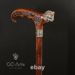 Metal walking stick cane bronze Pilot Skull brass wooden handle Air force style