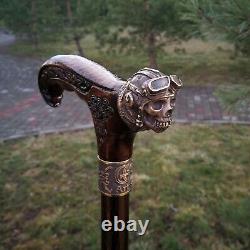 Metal walking stick cane bronze Pilot Skull brass wooden handle Air force style