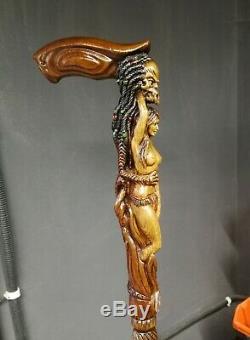 Monster walking stick cane wooden hand carved naked girl hiking staff for men