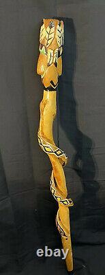 Native American Design Wooden Walking Stick Cane Hand Carved Painted Signed 46in