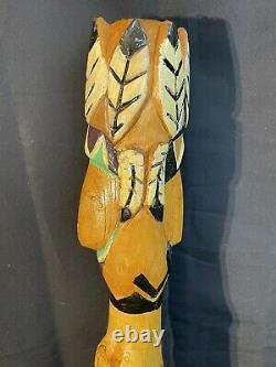 Native American Design Wooden Walking Stick Cane Hand Carved Painted Signed 46in