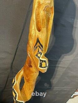 Native American Design Wooden Walking Stick Cane Hand Carved Painted Signed 46in