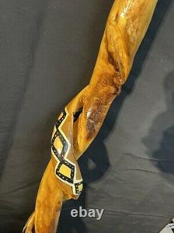 Native American Design Wooden Walking Stick Cane Hand Carved Painted Signed 46in