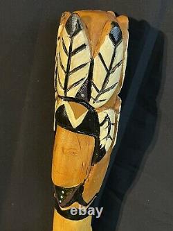 Native American Design Wooden Walking Stick Cane Hand Carved Painted Signed 46in
