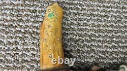 Native American Indian Brass Inlay Walking Stick Cane Carved Wood Leather Wrap