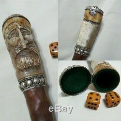 OLD CARVED KING HEAD SILVER SECRET BOX WOOD GADGET WALKING STICK with GAME DICES