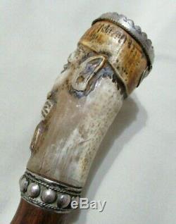 OLD CARVED KING HEAD SILVER SECRET BOX WOOD GADGET WALKING STICK with GAME DICES