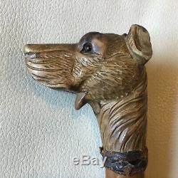 OLD Carved Wood Dog Head Mechanical Mouth Glass Eyes Walking Stick Cane