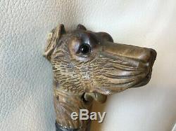 OLD Carved Wood Dog Head Mechanical Mouth Glass Eyes Walking Stick Cane