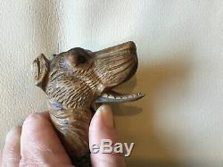 OLD Carved Wood Dog Head Mechanical Mouth Glass Eyes Walking Stick Cane