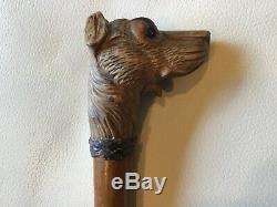 OLD Carved Wood Dog Head Mechanical Mouth Glass Eyes Walking Stick Cane