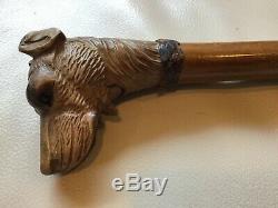 OLD Carved Wood Dog Head Mechanical Mouth Glass Eyes Walking Stick Cane