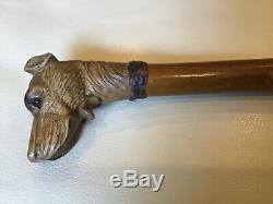 OLD Carved Wood Dog Head Mechanical Mouth Glass Eyes Walking Stick Cane