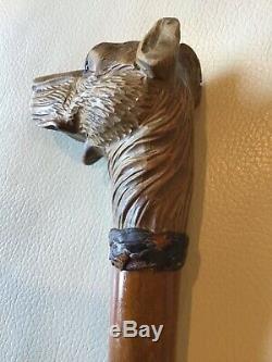 OLD Carved Wood Dog Head Mechanical Mouth Glass Eyes Walking Stick Cane