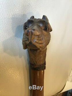 OLD Carved Wood Dog Head Mechanical Mouth Glass Eyes Walking Stick Cane