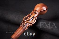 Octopus Head Handle Walking Stick Octopus Style Wooden Hand Carved Stick GF