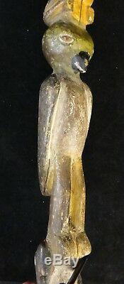 Old African Carved Wood Walking Stick. Hoop top, Female, Bird & Snake. 33 long