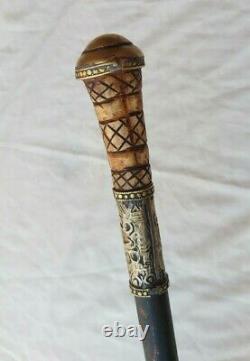 Old African Wood Carved Bronze Tribal leader Ethnic Crutch Cane, Walking stick
