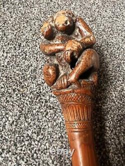 Old Antique Vintage Japanese Walking Stick Cane Carved Monkey Bamboo Netsuke