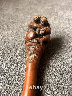 Old Antique Vintage Japanese Walking Stick Cane Carved Monkey Bamboo Netsuke