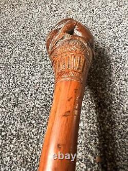 Old Antique Vintage Japanese Walking Stick Cane Carved Monkey Bamboo Netsuke