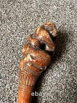 Old Antique Vintage Japanese Walking Stick Cane Carved Monkey Bamboo Netsuke