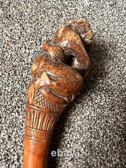 Old Antique Vintage Japanese Walking Stick Cane Carved Monkey Bamboo Netsuke