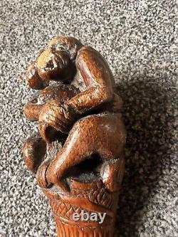 Old Antique Vintage Japanese Walking Stick Cane Carved Monkey Bamboo Netsuke